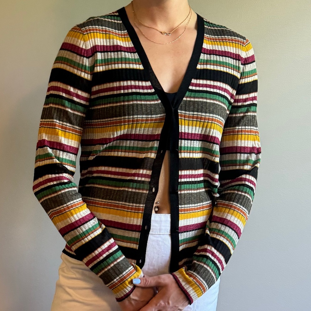 Veronica Beard Keke Gold Ribbed Knit Cardigan.